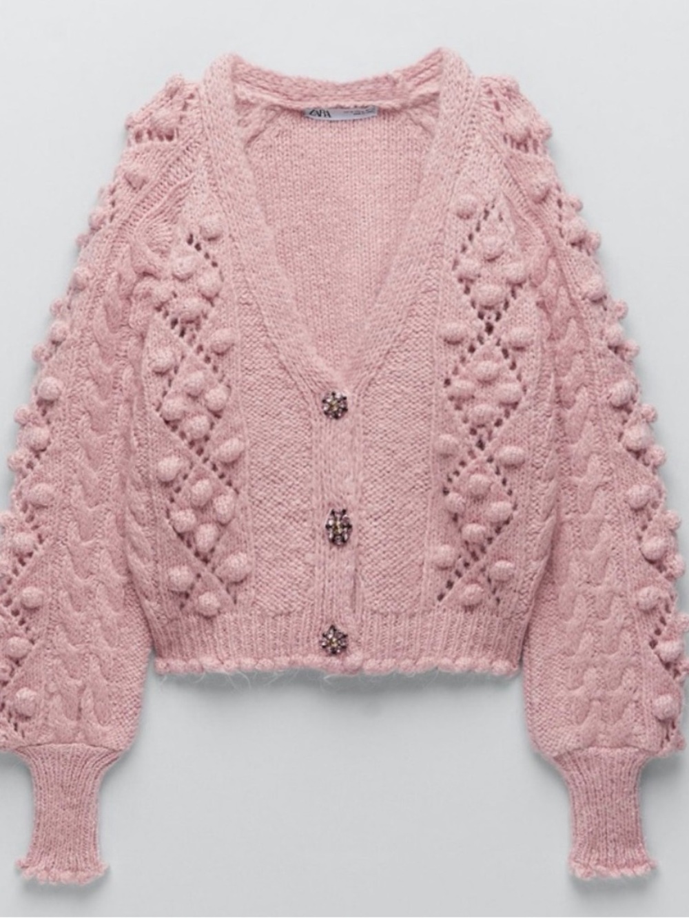 ZARA Jeweled Button Knit Cardigan Sweater Pink Alpaca Wool S Boho Preppy Soft - Picture 9 of 16